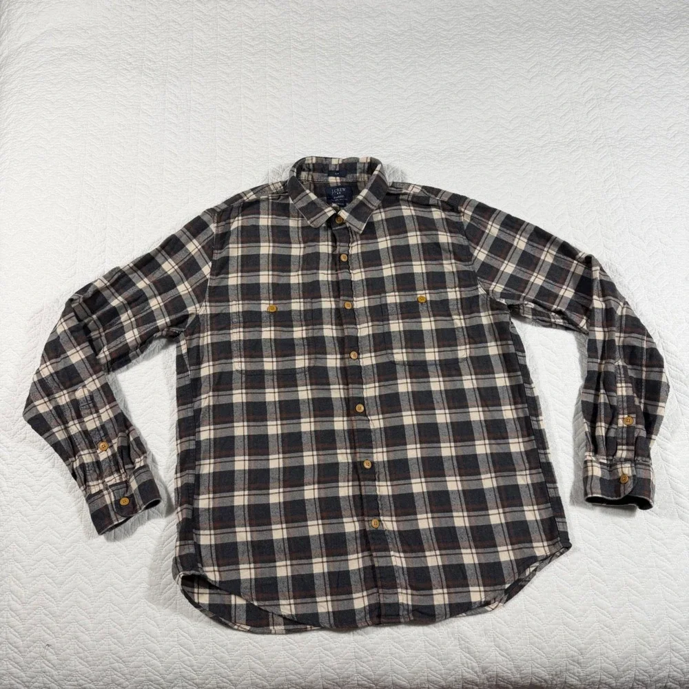 J Crew Flannel Shirt Slim Fit‎ Plaid Button Down Long Sleeve Men's L Yellow Gray